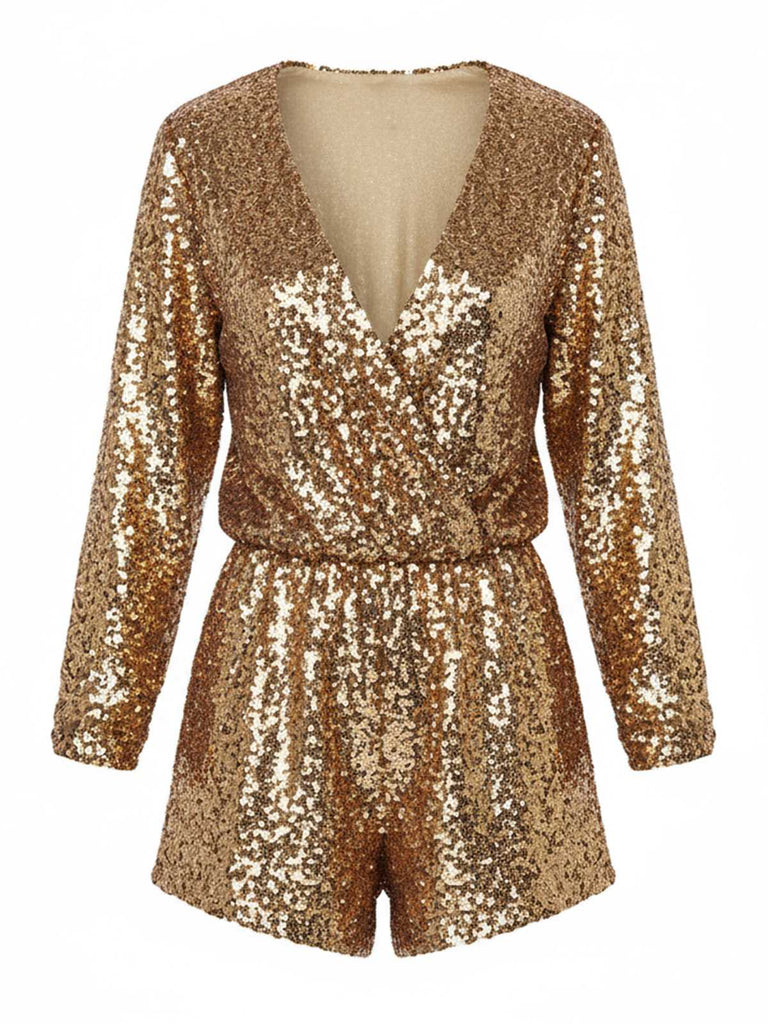 1970s V-Neck Sequin Long Sleeve Romper