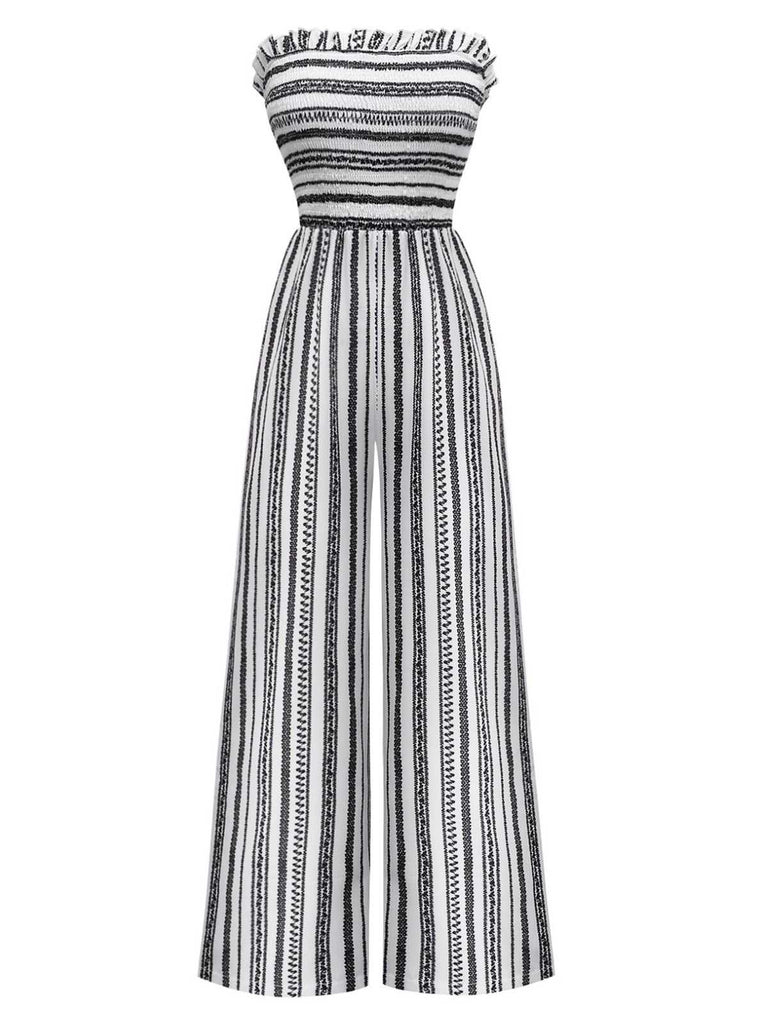 1970s Strapless Boho Stripes Wide Leg Jumpsuit