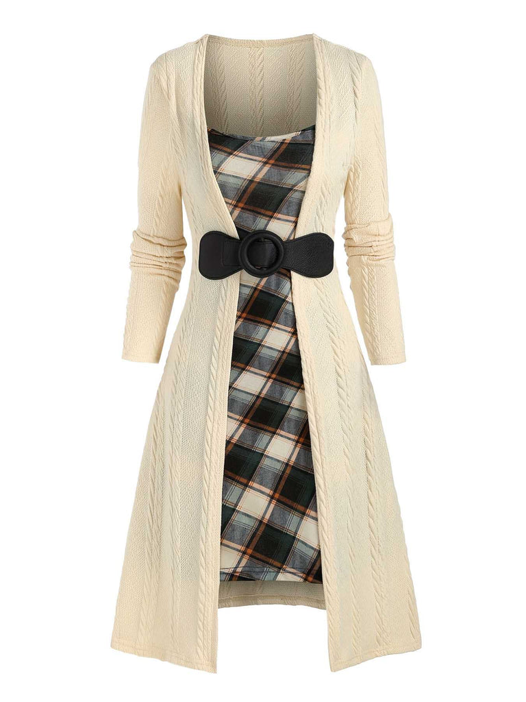 [Plus Size] 1940s Bow Plaid Knit Dress