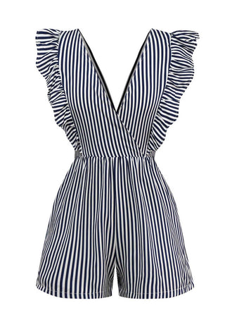 1930s V-Neck Contrast Stripes Ruffles Romper