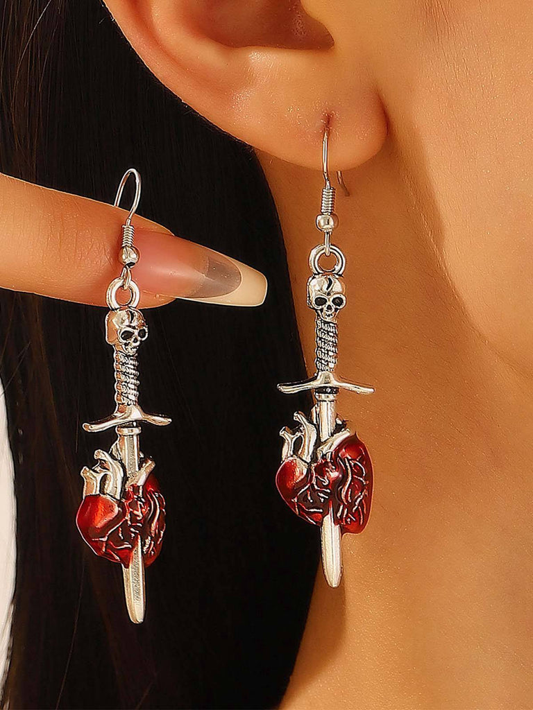 Vintage Halloween Skull Sword Heart Earrings