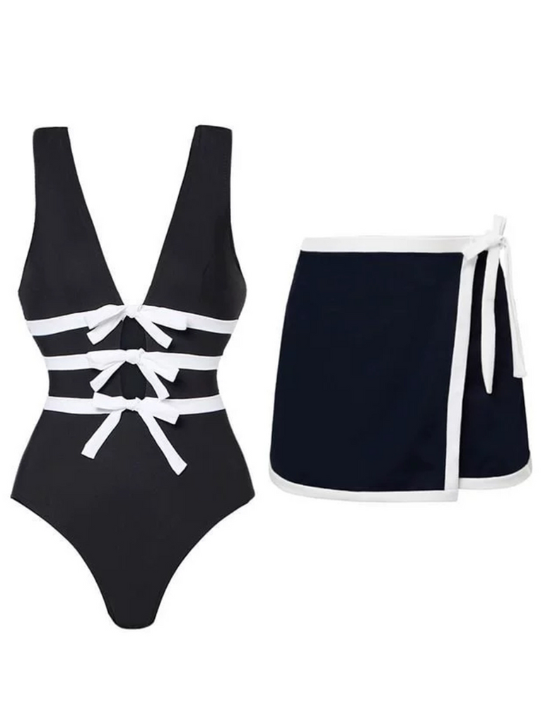 2PCS Black 1940s Bow One-Piece Swimsuit & Swim Skirt