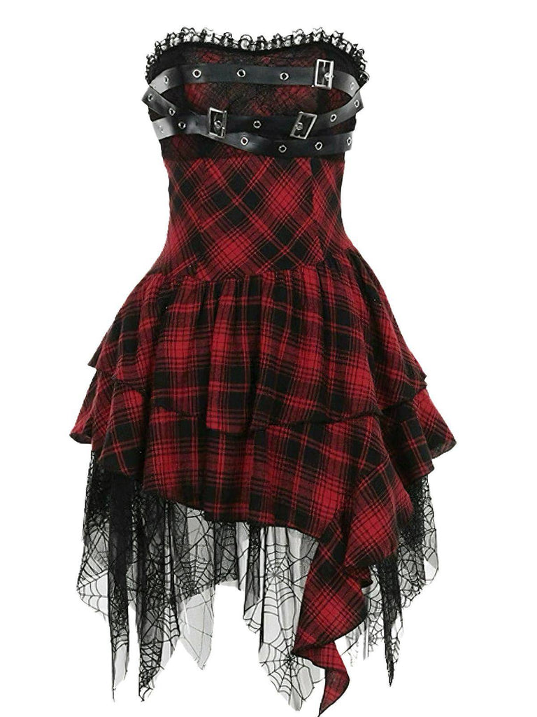 Red 1970s Spiderweb Mesh Tartan Strapless Dress