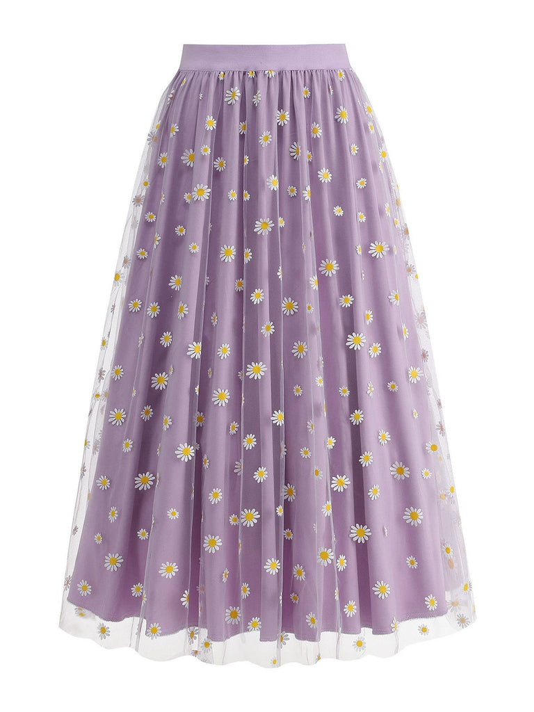 1940s Daisy Mesh High Waist A-Line Skirt