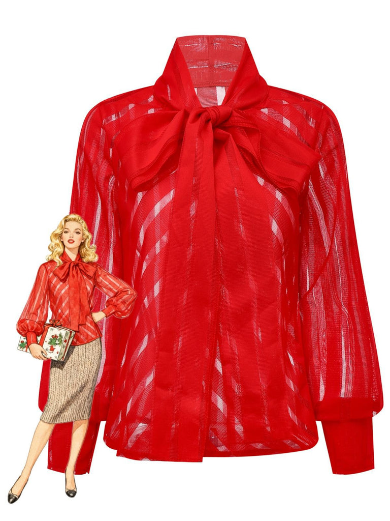 1980s Solid Sheer Mesh Striped Bow Tie Blouse