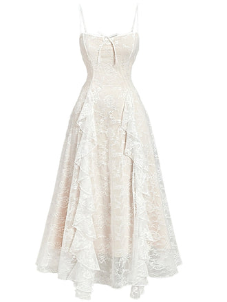 Beige 1940s Bowknot Ruffled Floral Lace Dress