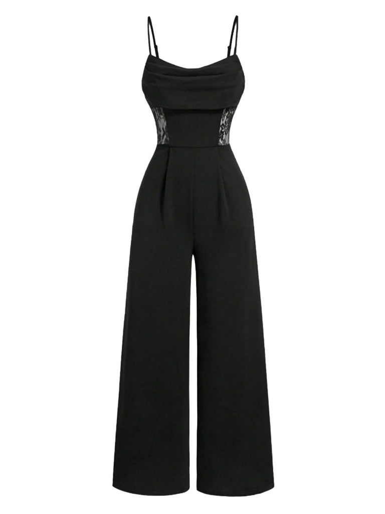 Black 1950s Cowl Neck Sheer Lace Patchwork Solid Jumpsuit