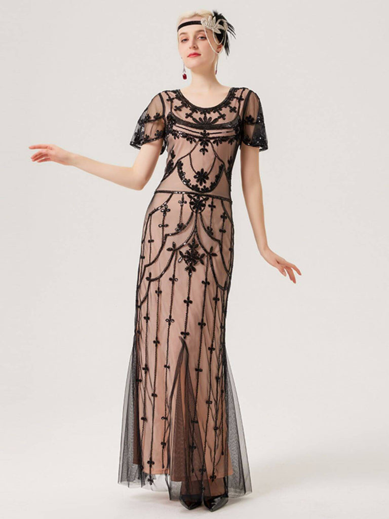 1920s Beaded Mesh Short Sleeve Charleston Dress