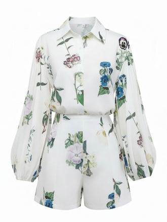 2PCS White 1960s Linen Floral Blouse & Shorts