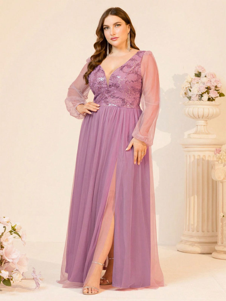 [Plus Size] Lavender 1980s Solid Mesh V-Neck Dress