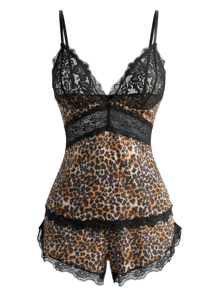 Brown 1970s Leopard Lace Spaghetti Strap Pajama Set