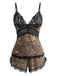 Brown 1970s Leopard Lace Spaghetti Strap Pajama Set