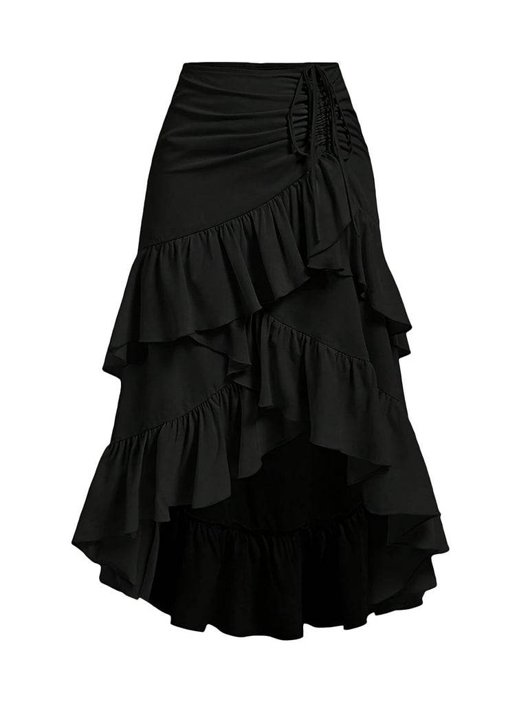 1940s High-Waist Paneled Ruffle Hem Skirt