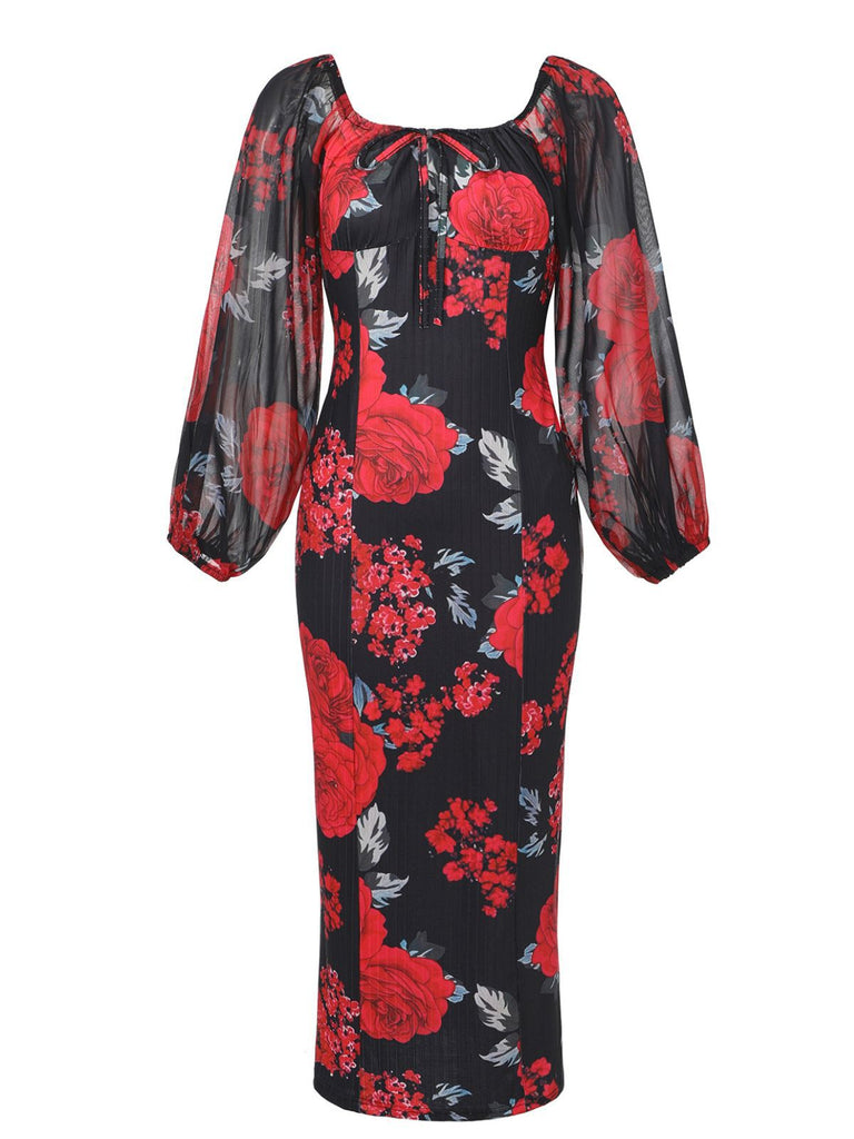 1960s French Tea Floral Off-Shoulder Bodycon Dress