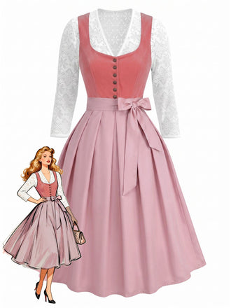 Pink 1950s Velvet Sweetheart Neck Dress & Apron & Lace Top