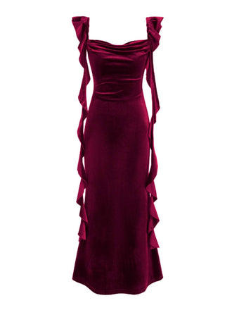 1940s Velvet Ribbon Strap Ruffled Detail Dress