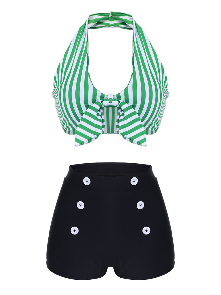 [Plus Size] Green 1950s Retro Halter Stripes Bikini Set