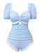 Blue 1940s Ditsy Floral Ruffles One-Piece Swimsuit