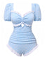 Blue 1940s Ditsy Floral Ruffles One-Piece Swimsuit