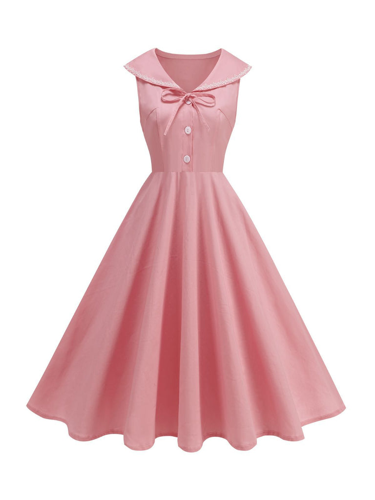 1950s Sailor Collar Bow-Tie Solid Sleeveless Dress