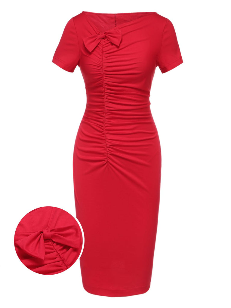 Red 1960s Shirring Bow Solid Wrap Dress