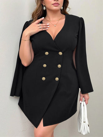 [Plus Size] Black 1970s Solid Vintage Double-Breasted Suit Jacket