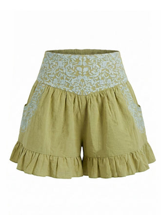 Front: Green 1950s Linen Ruffled Low Waist Embroidered Shorts, classic silhouette, perfect for vintage fashion lovers