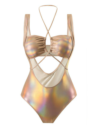 1970s Halter Cut-Out Metallic One-Piece Swimsuit