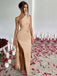 1960s One Shoulder Ruched Slit Satin Dress