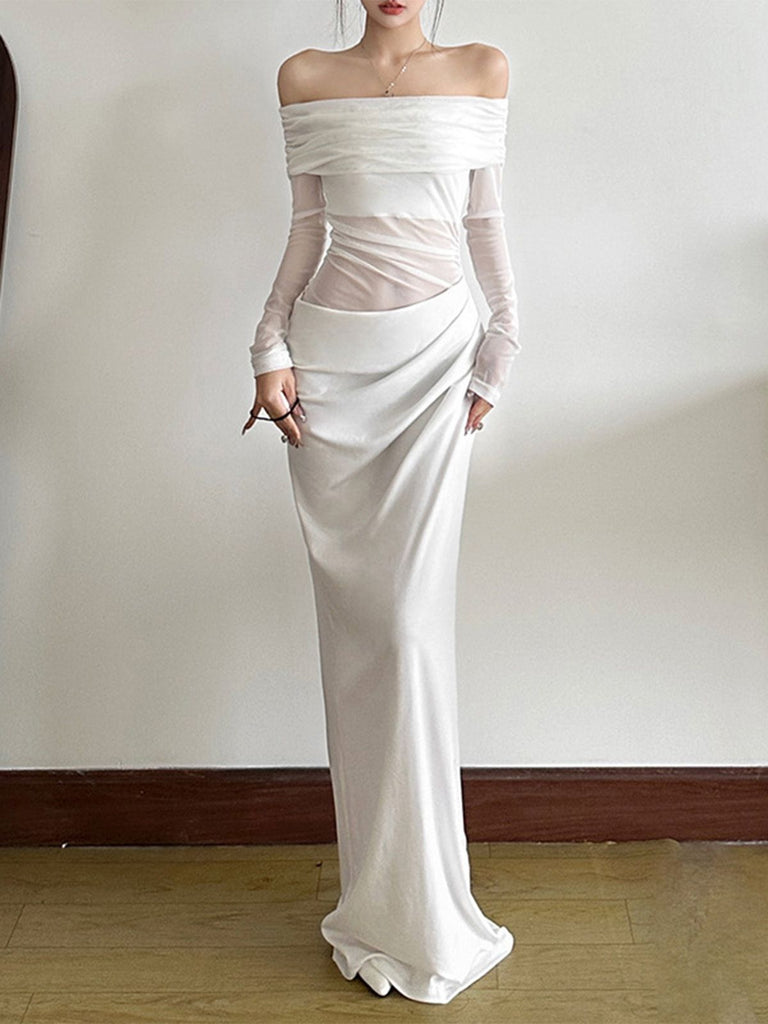 1980s Solid Off-Shoulder Mesh Cut-Out Sheer Dress