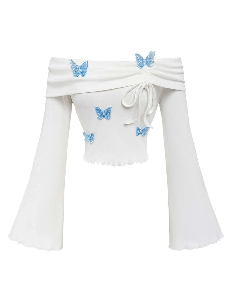 White 1970s Butterfly Off-Shoulder Bel-Sleeve Top