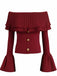 Wine Red 1960s Off-Shoulder Flare-Sleeve Knitted Top