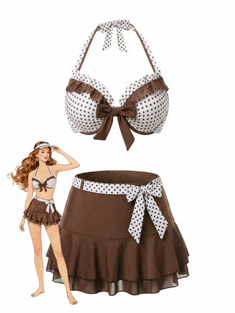 [Pre-Sale] 3PCS Brown 1970s Polka Dot Ruffle Halter Swimsuit Set