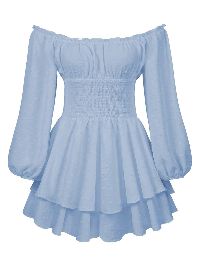 1950s Solid Off-Shoulder Long-Sleeve Smocked Mini Dress