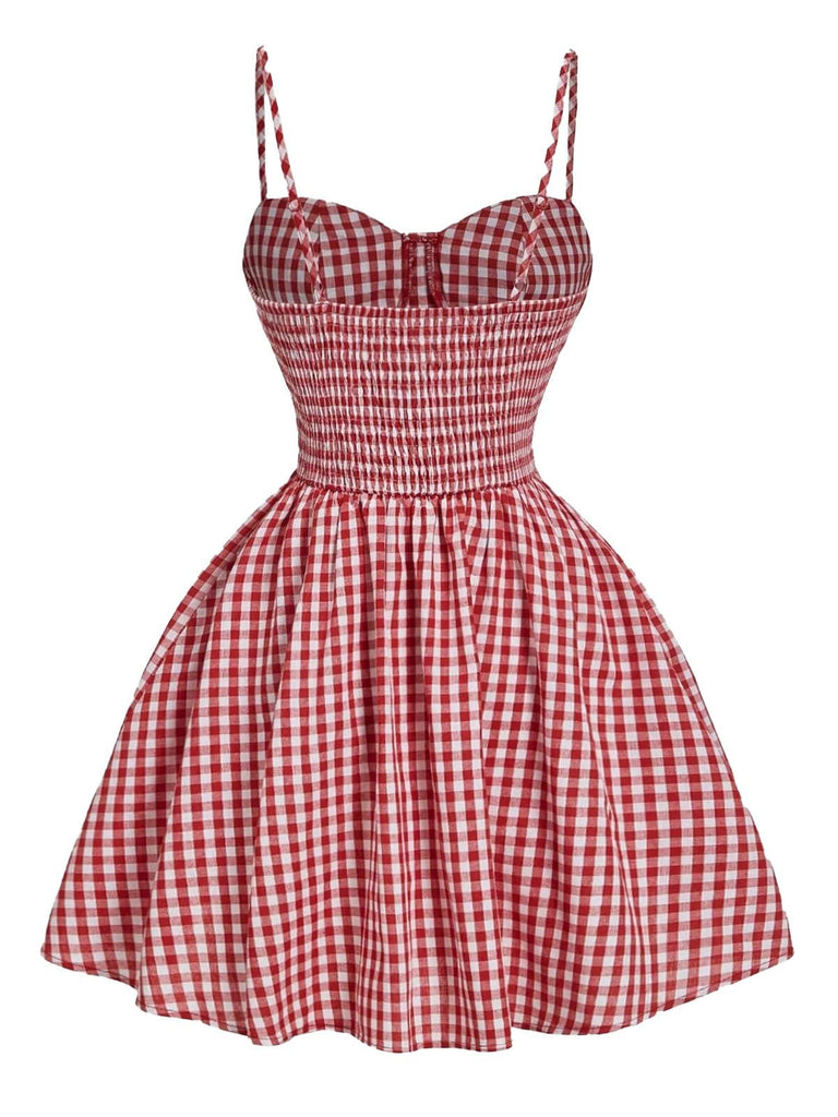 Red 1950s Gingham Plaid Button Spaghetti Strap Dress