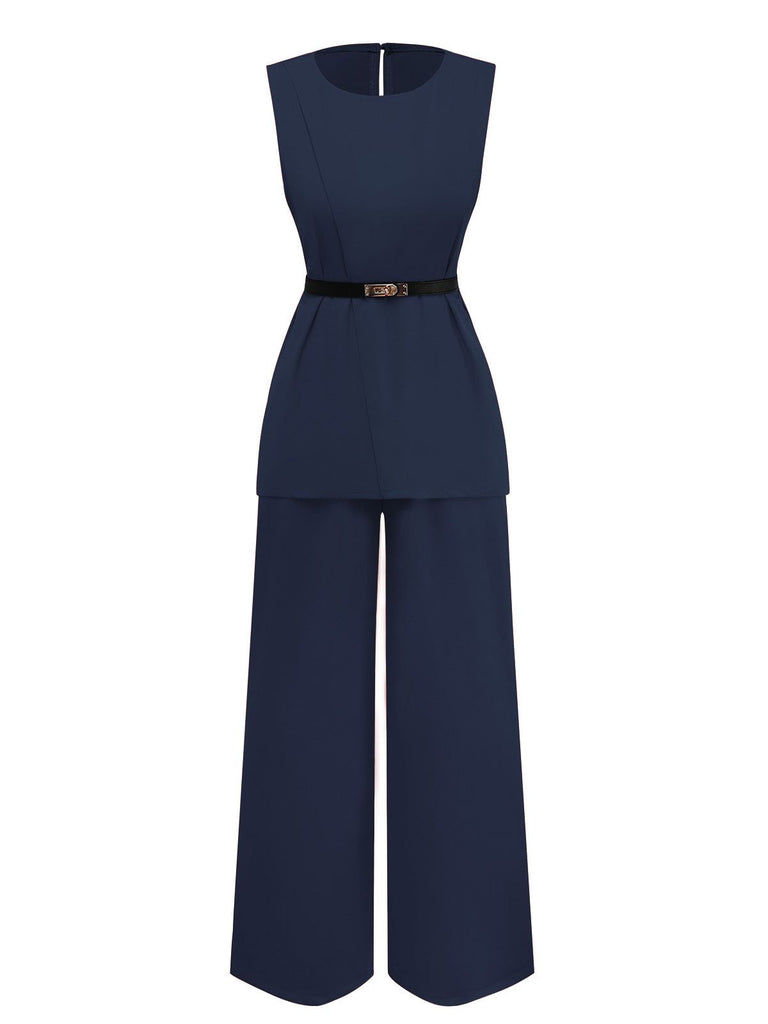 2PCS 1960s Sleeveless Vest & Belted Waist Pants