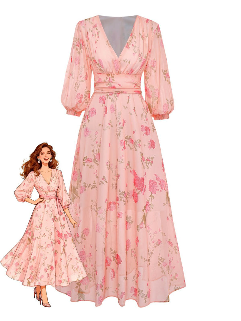 Pale Pink 1930s Floral V-Neck Chiffon Dress