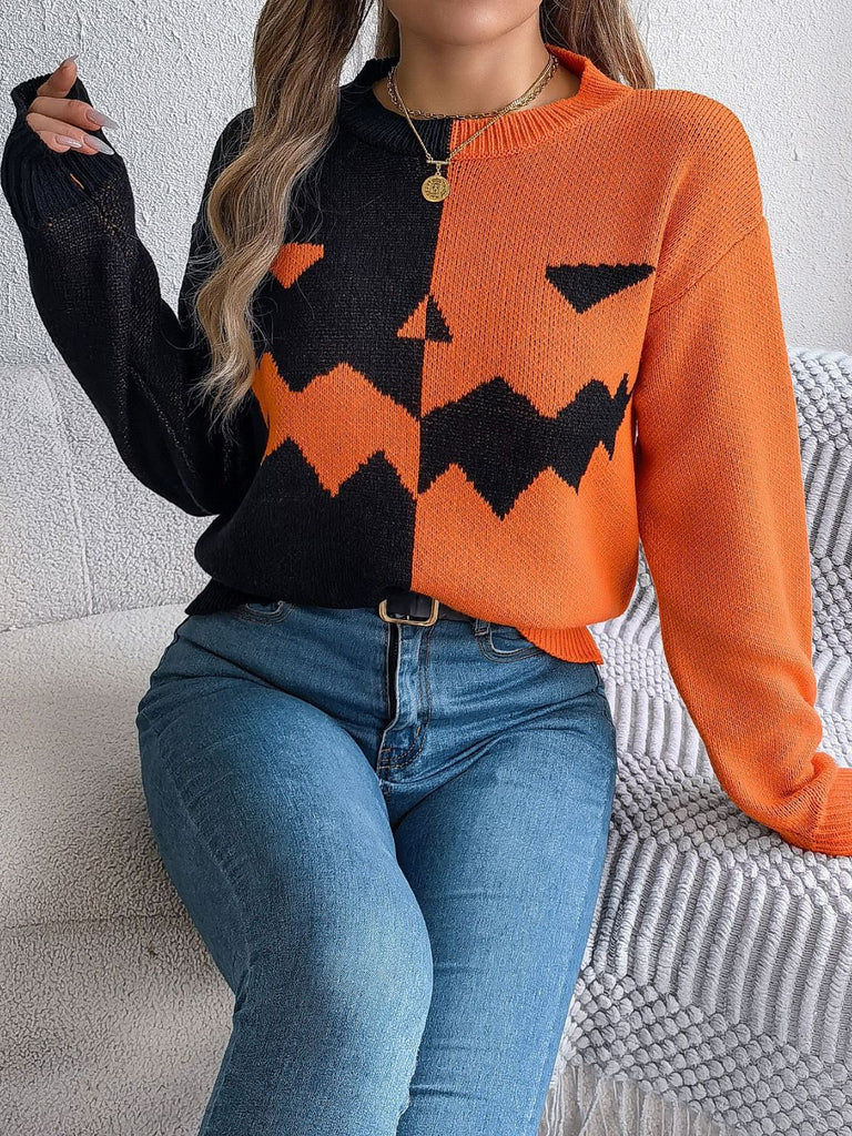1940s Halloween Pumpkin Face ColorBlock Knit Sweater