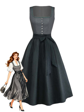 2PCS Green 1950s Polka Dot Border Print Dress & Apron