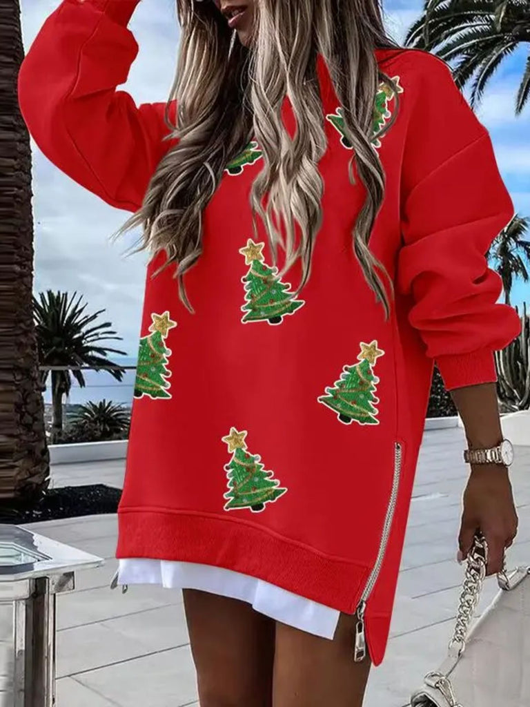 Red 1970s Zip Detail Christmas Tree Sequin Sweatshirt