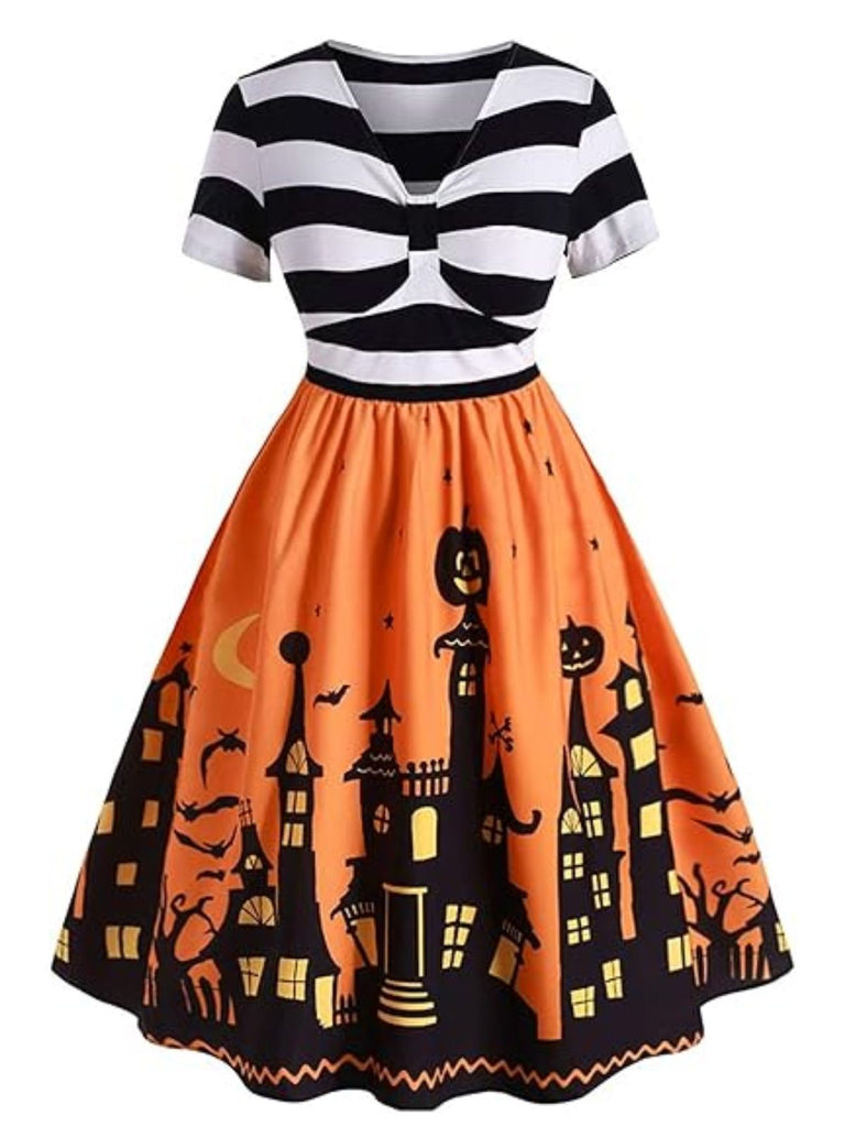 [Pre-Sale] 1950s Halloween Striped Pumpkin Haunted House Print Dress