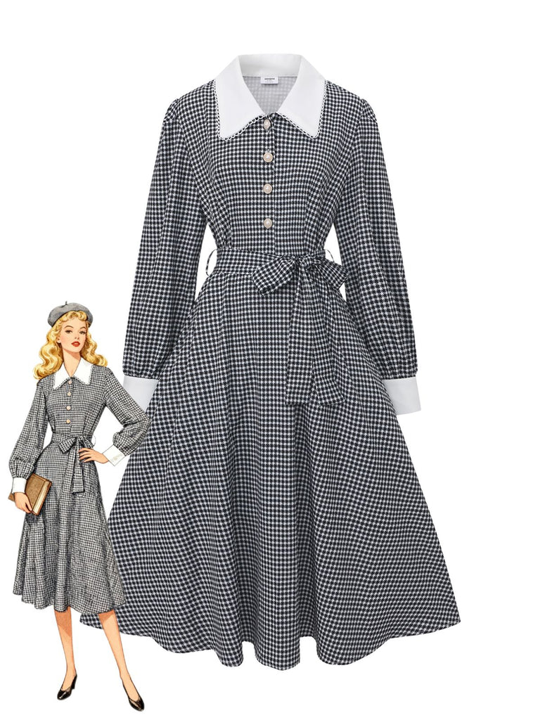 Black 1940s Houndstooth Puff-Sleeves Pearl Button Dress