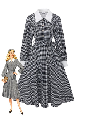 Black 1940s Houndstooth Puff-Sleeves Pearl Button Dress