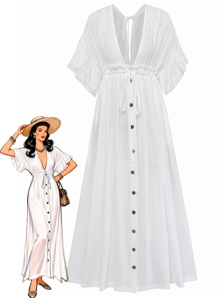 1930s Solid V-Neck Rayon Slub Beach Cover-Up