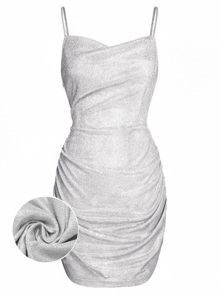 Silver 1960s Spaghetti Strap Sparkling Mini Dress