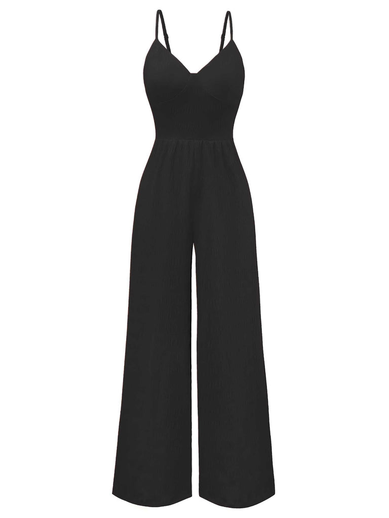 1970s Spaghetti Strap Textured Solid Jumpsuit