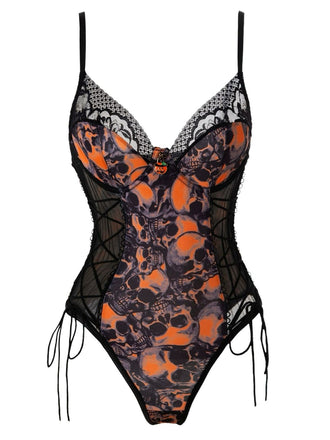 Orange 1970s Skull Lace Spaghetti Strap Bodysuit
