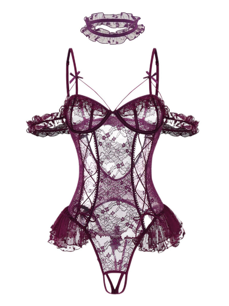 1980s Solid Lace Sheer Bodysuit Nighties