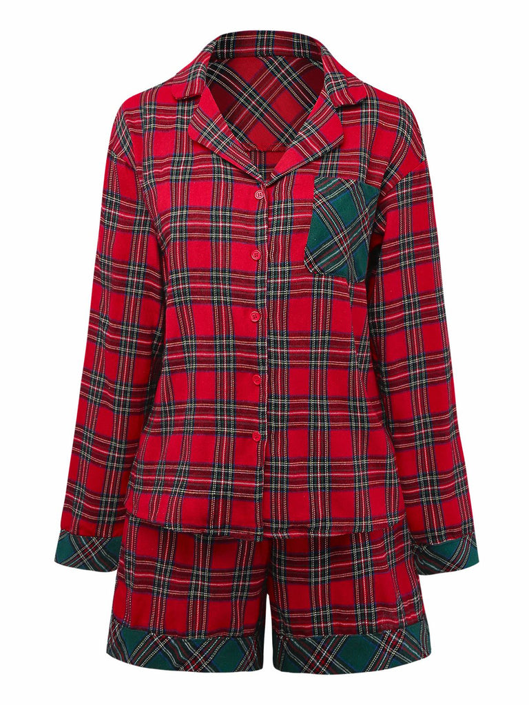 2PCS Red 1930s Christmas Plaid Pajama Set
