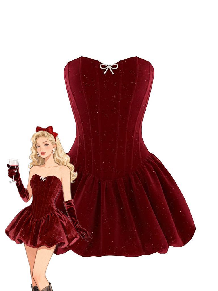 Wine Red 1980s Strapless Sequin Bow Mini Dress